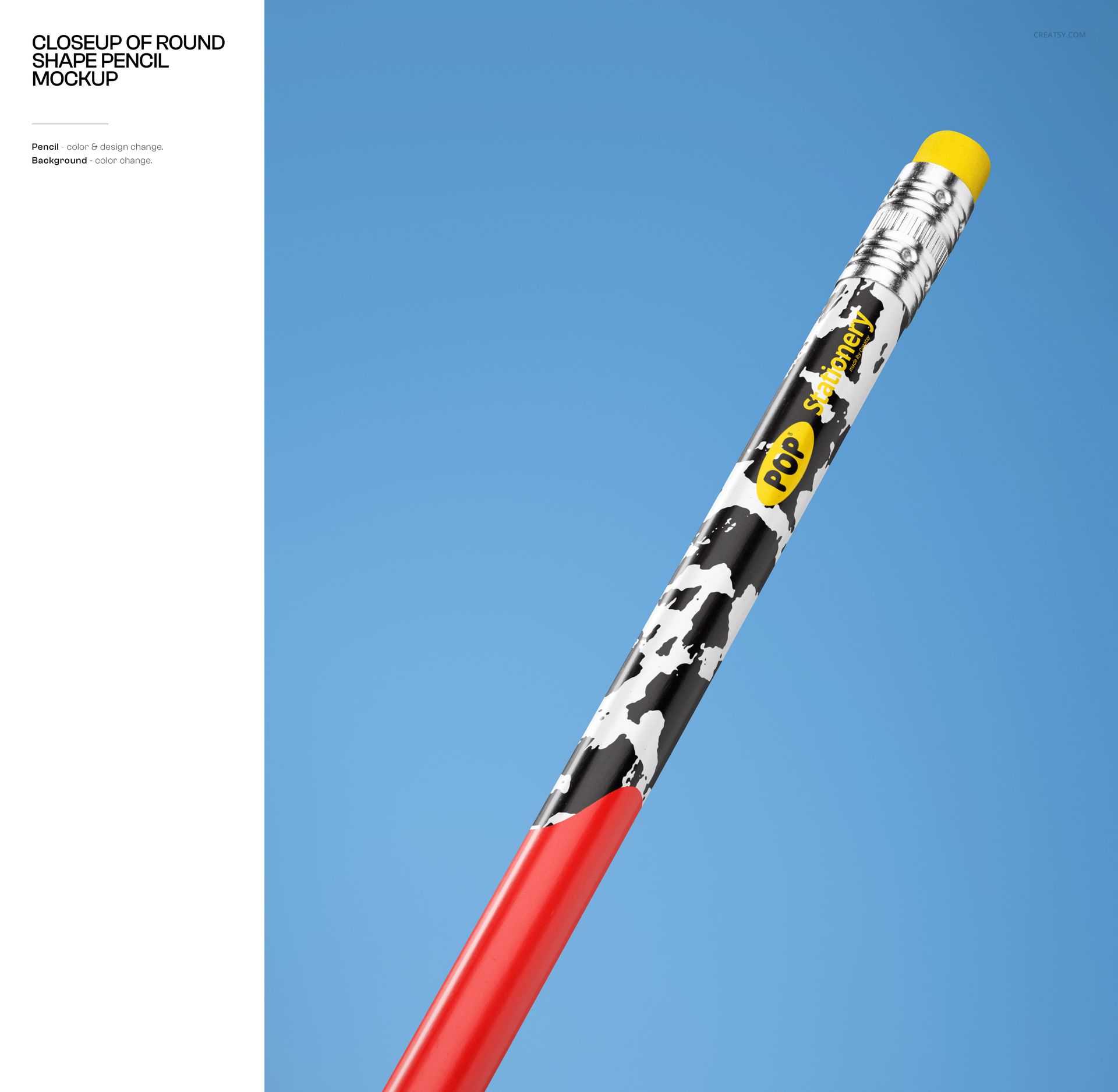 PSD mockup showing a single pencil with a colorful pattern and metallic ferrule set against a plain blue backdrop.
