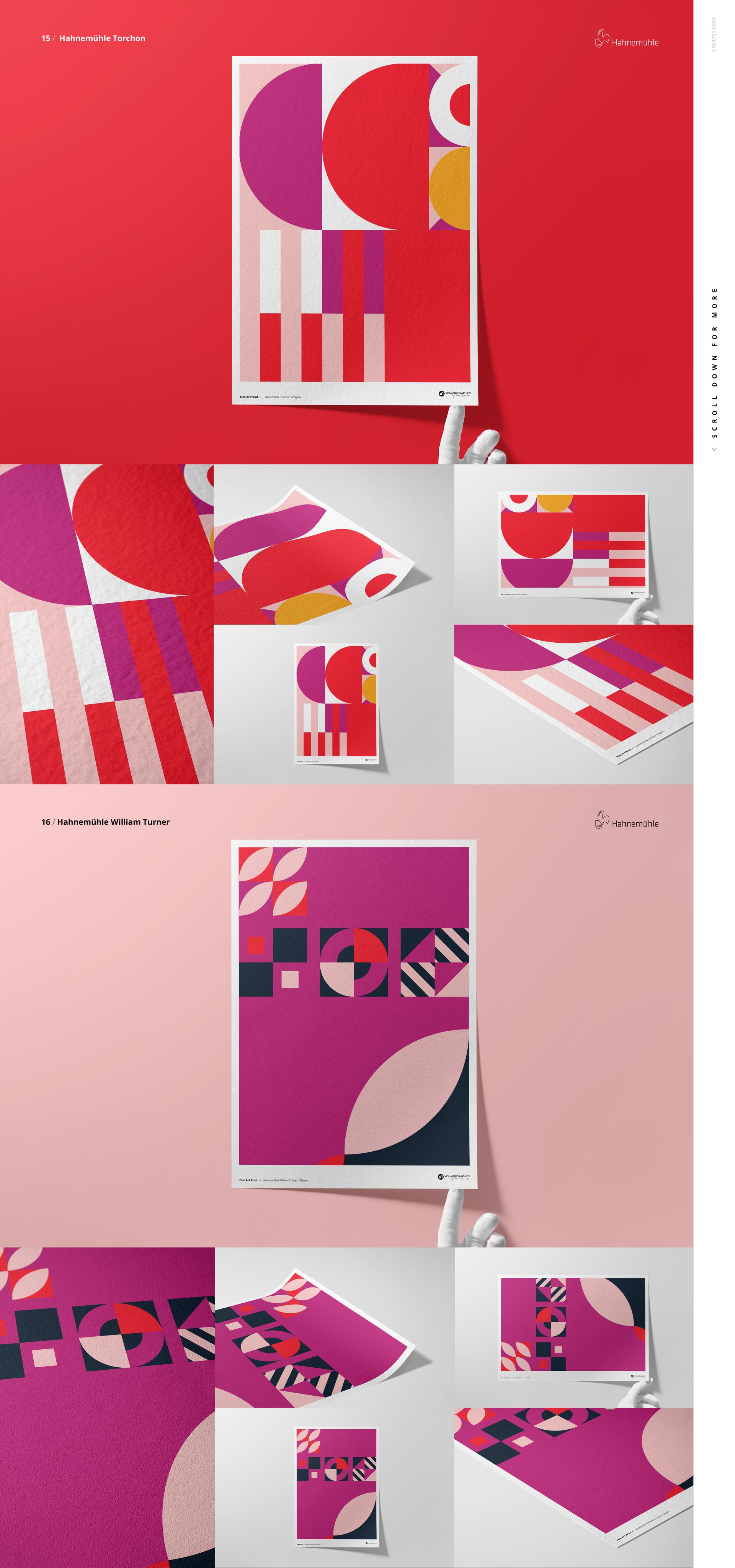 Collection of fine art print mockups featuring abstract geometric designs in pink, red, and purple tones on textured paper.