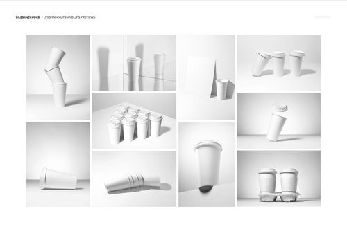 Various white paper cups displayed in different arrangements and perspectives on a plain white background mockup set.