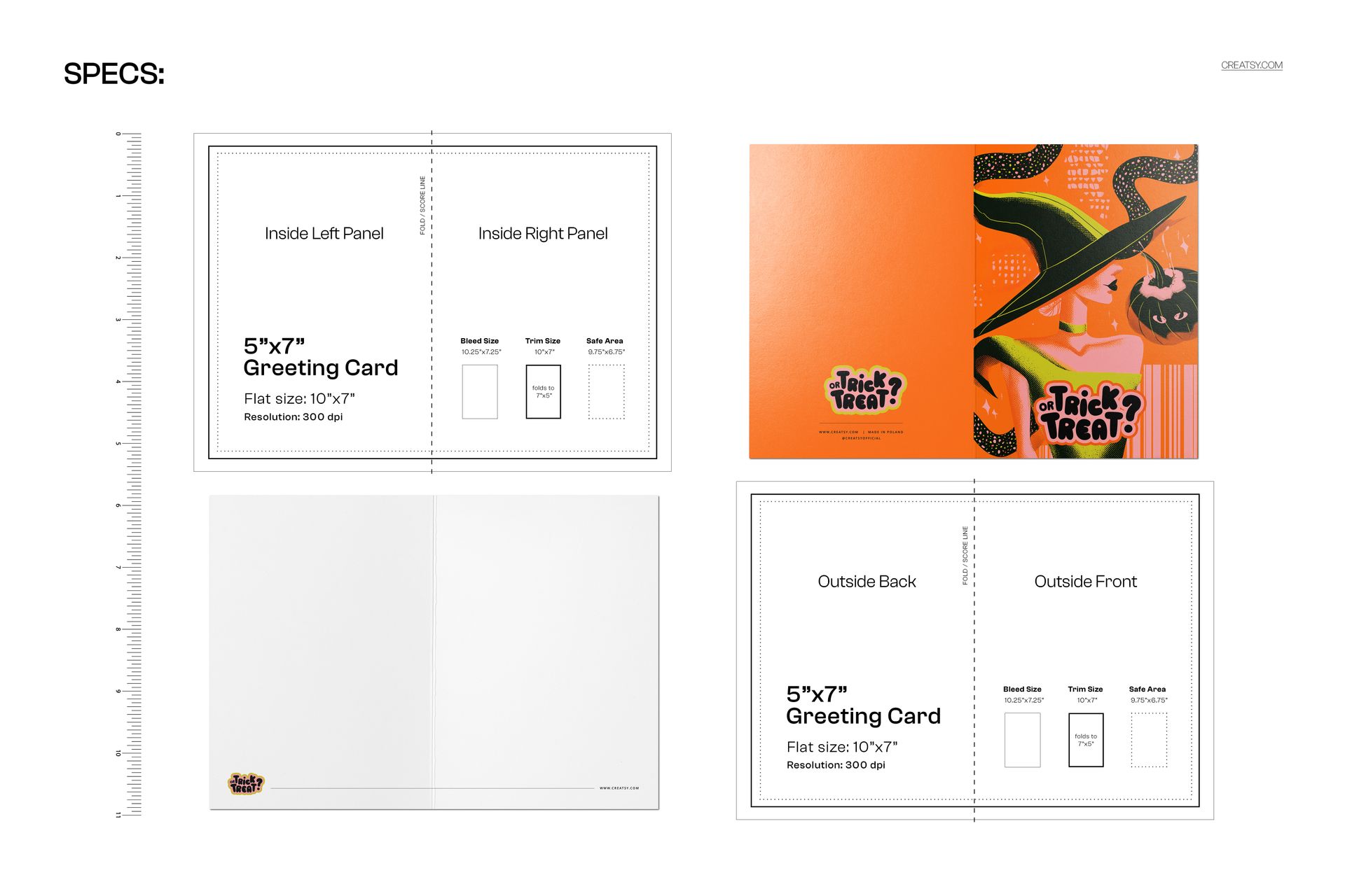 PSD mockup displaying a 5x7 inch Halloween greeting card with witchy charm design, featuring inside and outside panels.
