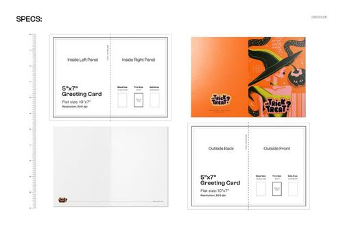 PSD mockup displaying a 5x7 inch Halloween greeting card with witchy charm design, featuring inside and outside panels.