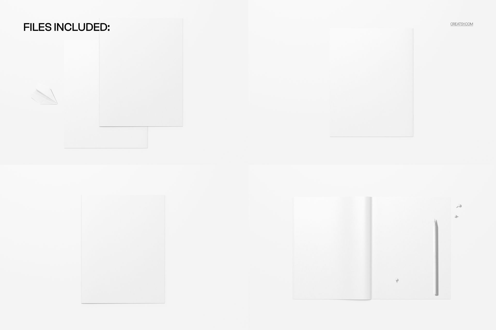 Set of four white 8.5x11 inch company brochure mockups displayed on a plain background in different views.