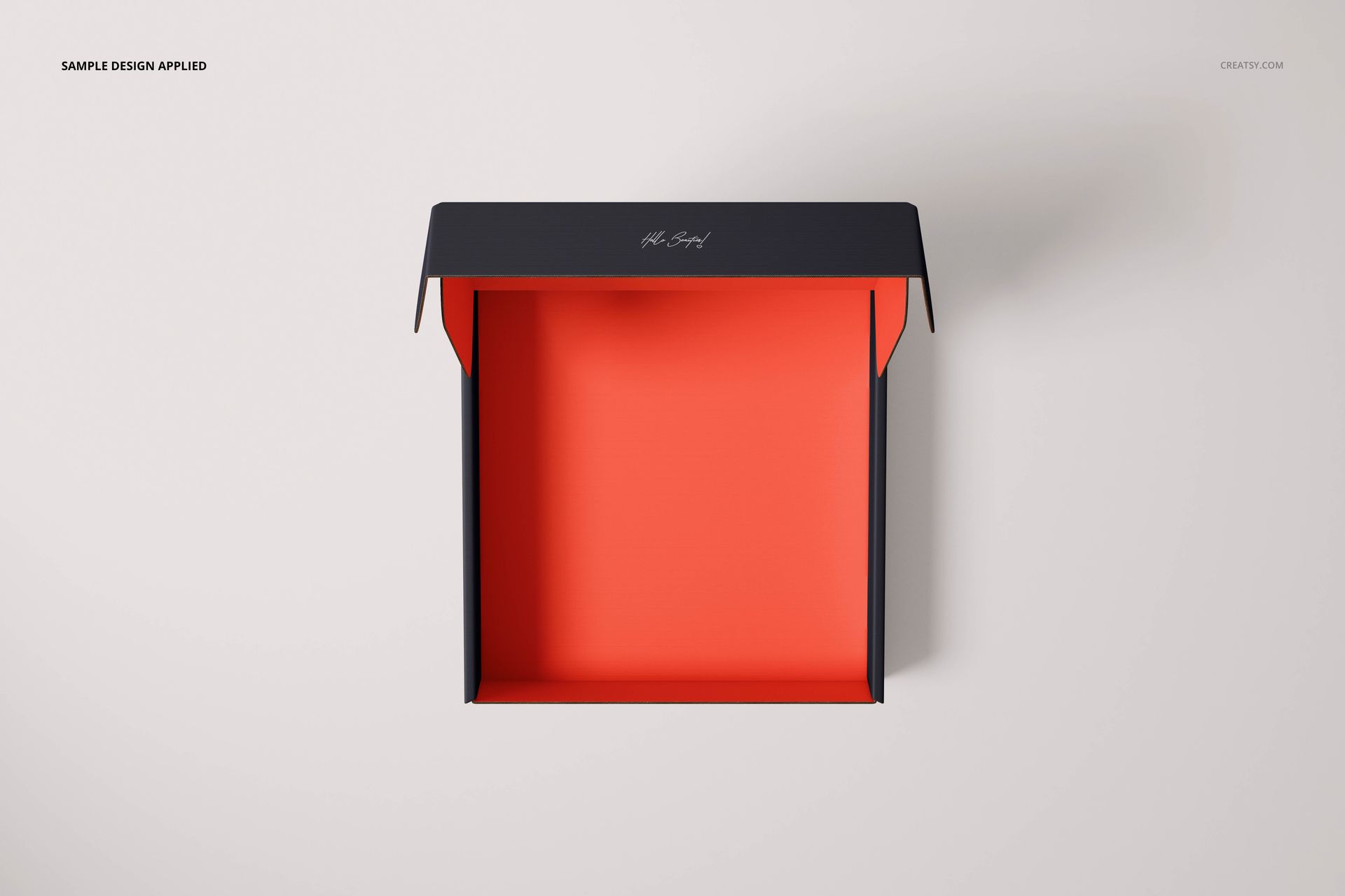 Top view of a square mailing box mockup with dark outer sides and vivid red inner surface on a neutral backdrop.