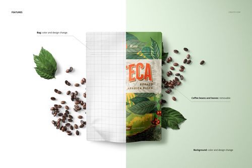 Front view of a doypack bag pouch mockup with editable design, surrounded by coffee beans and green leaves on a split white and mint background.