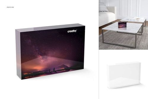 Acrylic freestanding tile mockup with a night sky design, shown on a marble table in a modern living room setting.