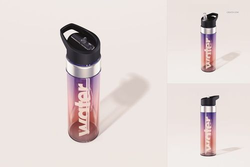 24 oz water bottle mockup featuring a transparent acrylic body with purple and pink gradient, black cap, and shadow detail.
