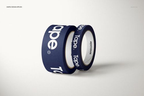 Packing tape mockup featuring two rolls, dark blue with large white lettering, displayed on a minimal surface.