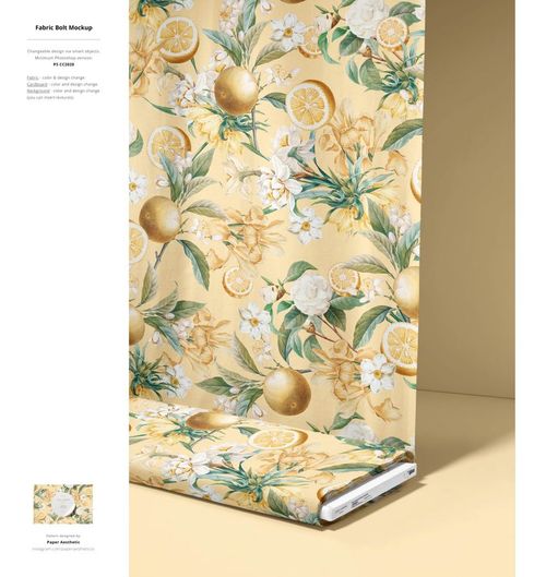 Fabric roll mockup featuring a lemon and white flower design with green leaves, displayed on a light backdrop.