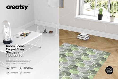 PSD mockup of a living space with a light-filled window, white table, and a decorative carpet with geometric shapes.