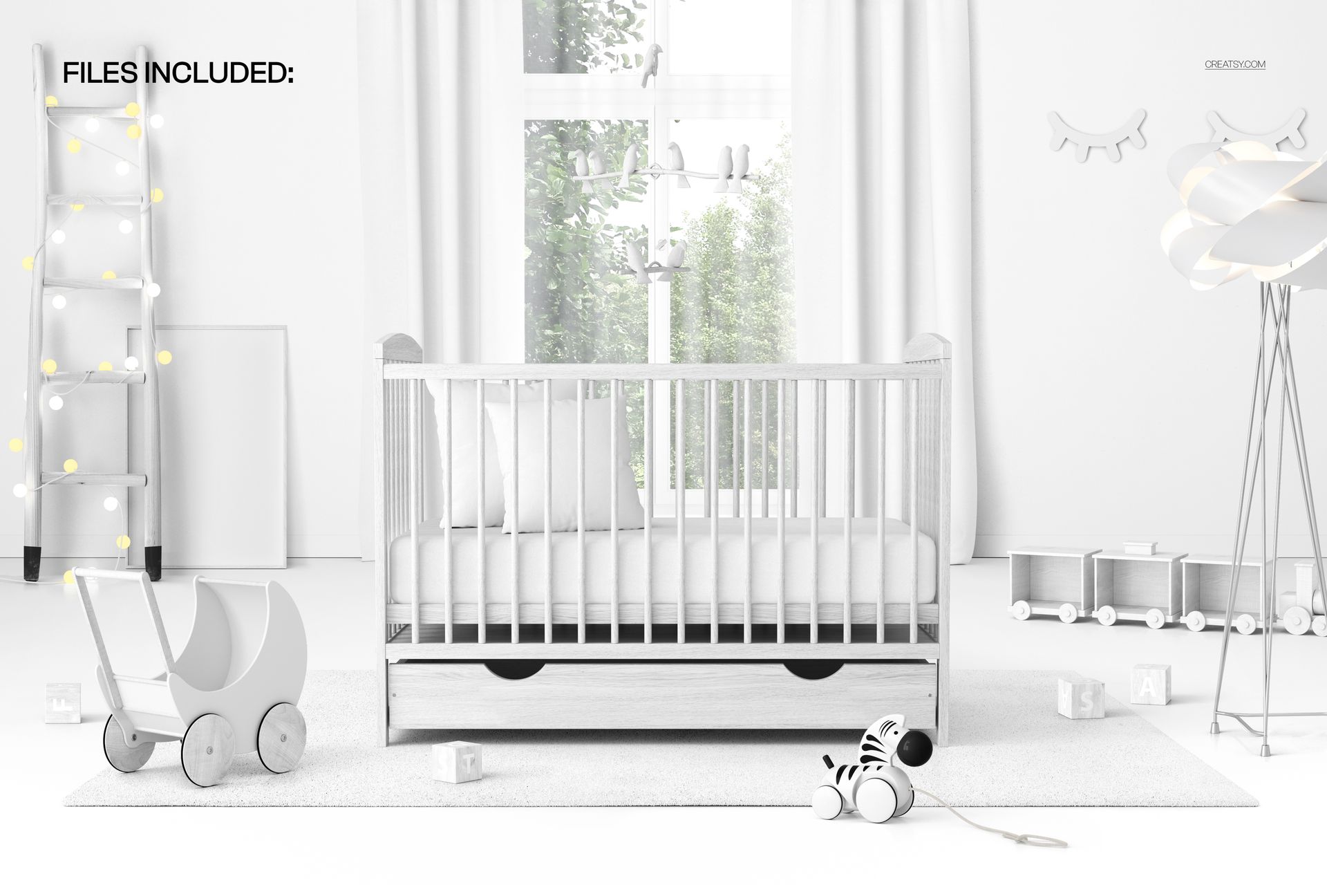 Front view of a wooden crib mockup in a nursery, surrounded by toys, light decor, and a soft rug.