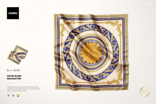 Square satin scarf with ornate gold and blue baroque pattern displayed flat on a white background in a mockup scene.