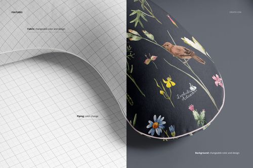 Pregnancy pillow mockup shown in split view, left side with grid pattern and right side with floral bird design.
