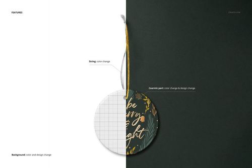 Round ceramic Christmas ornament mockup with gold string, shown half with grid overlay and half with festive design.