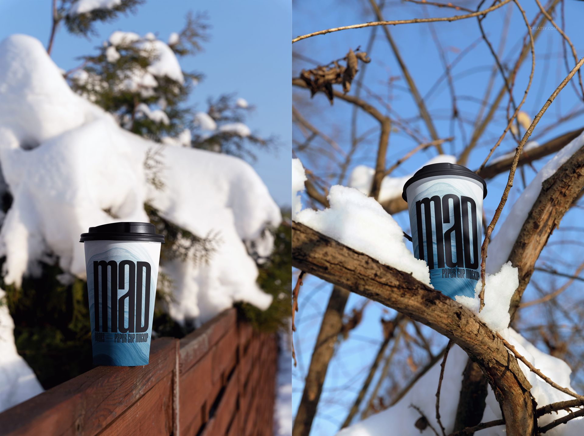 Winter-themed paper cup mockup featuring a blue cup with black lid, shown outdoors on snow-covered branches and fence.
