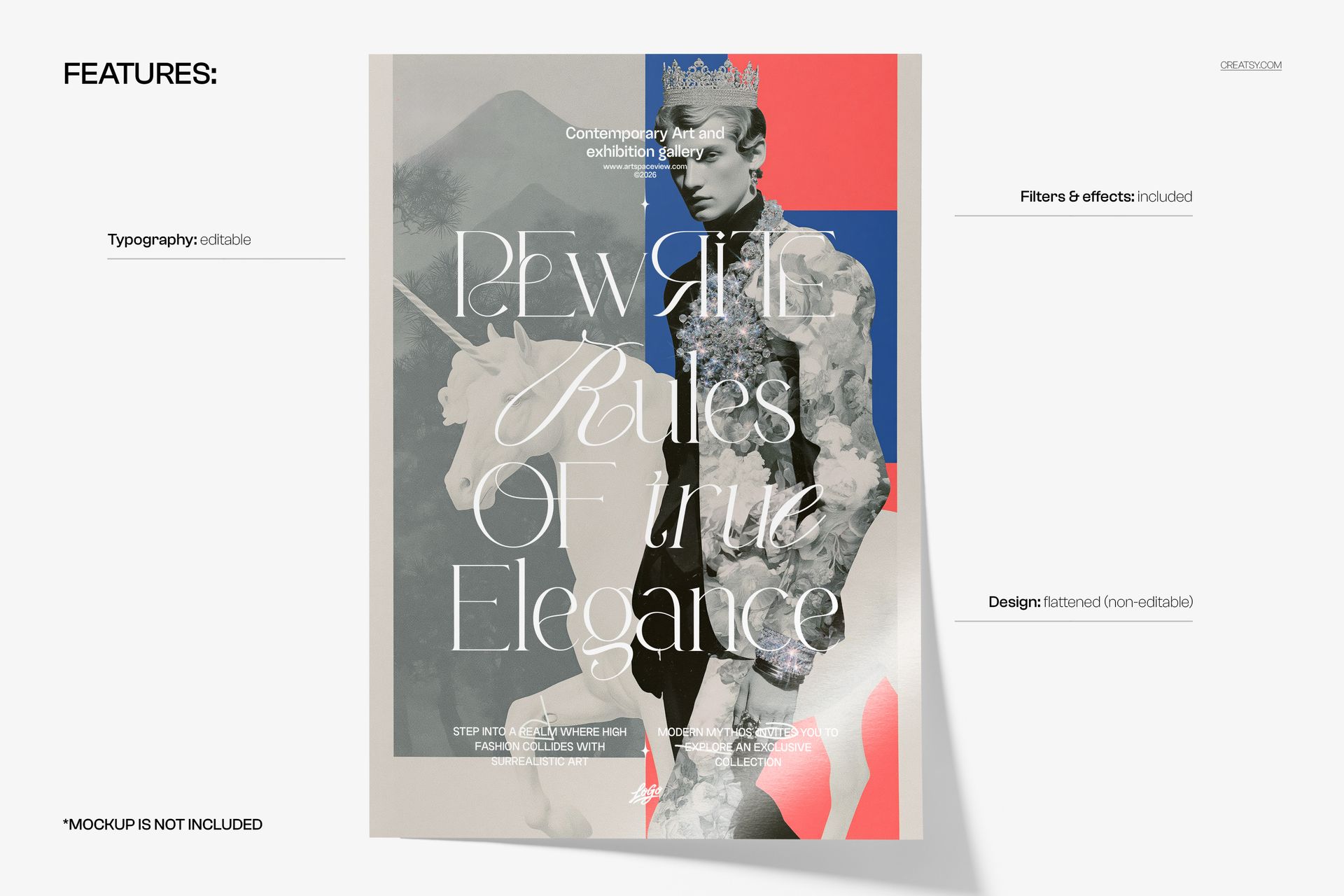 Gallery poster mockup with a grayscale unicorn and person, overlaid typography, and red and blue background accents.