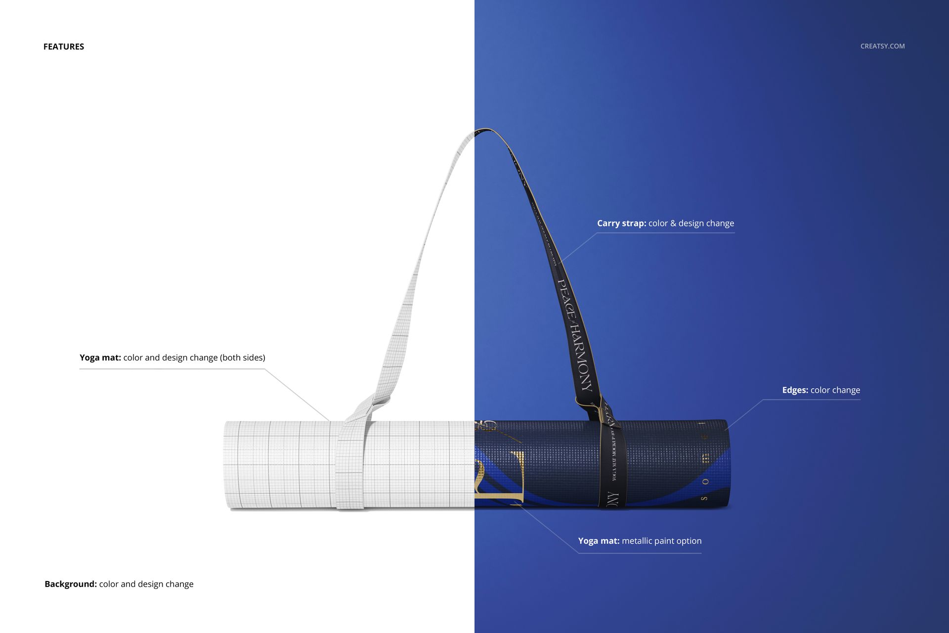 Yoga mat mockup displayed rolled up, featuring a color-changing strap and split background in white and blue.