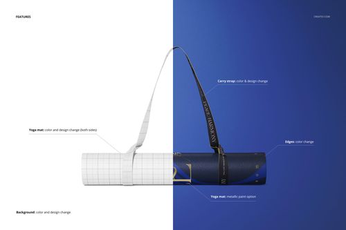 Yoga mat mockup displayed rolled up, featuring a color-changing strap and split background in white and blue.