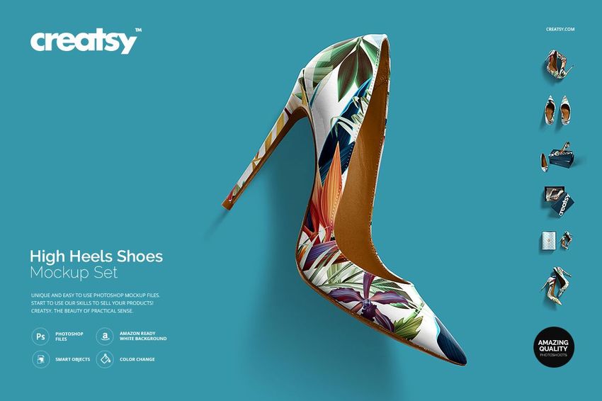 High heel shoe with a tropical leaf pattern, displayed in a side view on a blue background, part of a mockup set.