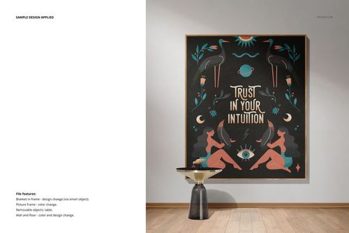 Jacquard fringed throw blanket mockup hanging on a wall, showing a bold graphic pattern and decorative elements.