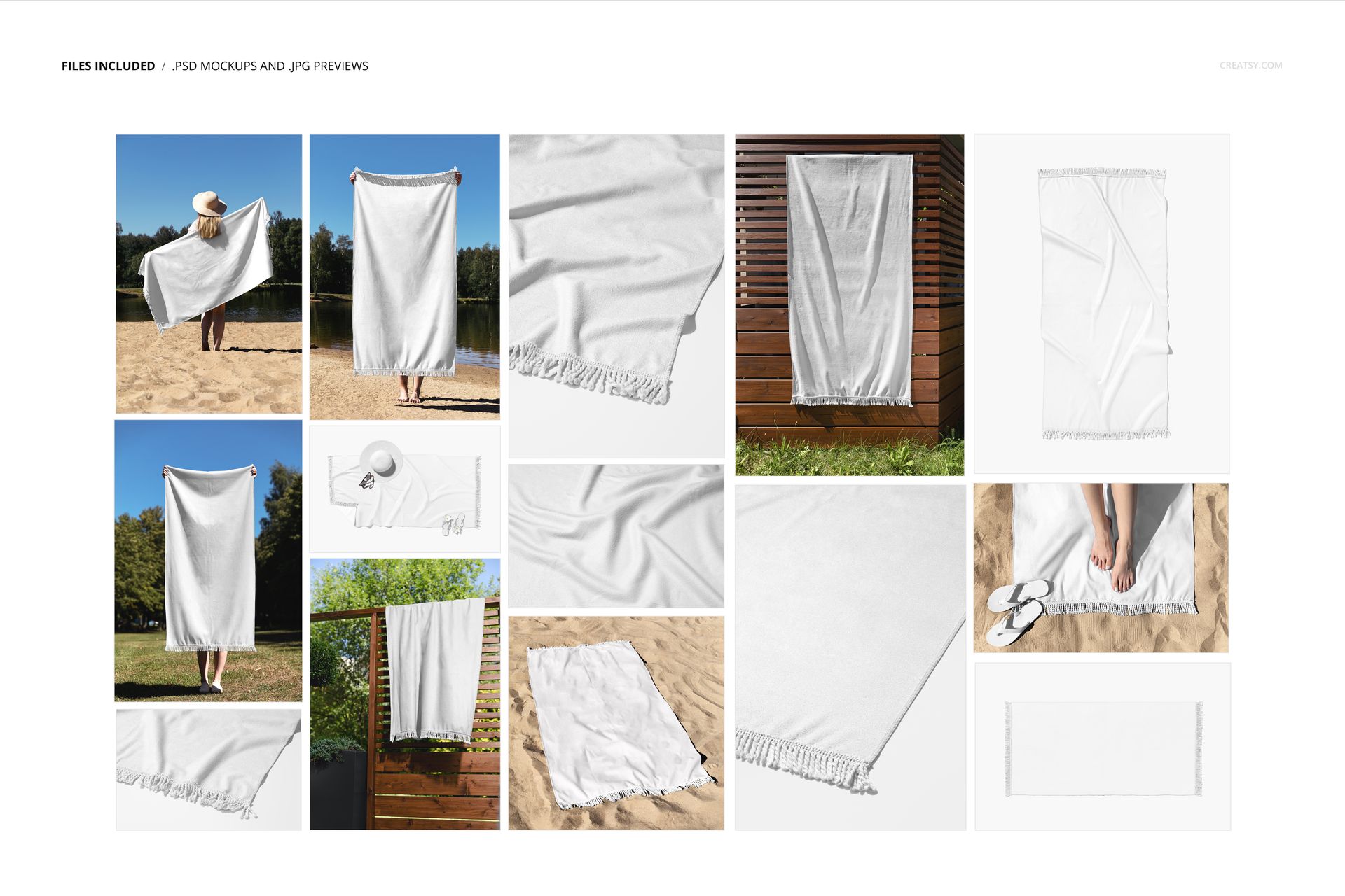 Fringed beach towel mockup set featuring white towels in various outdoor and close-up scenes on sand and wood.