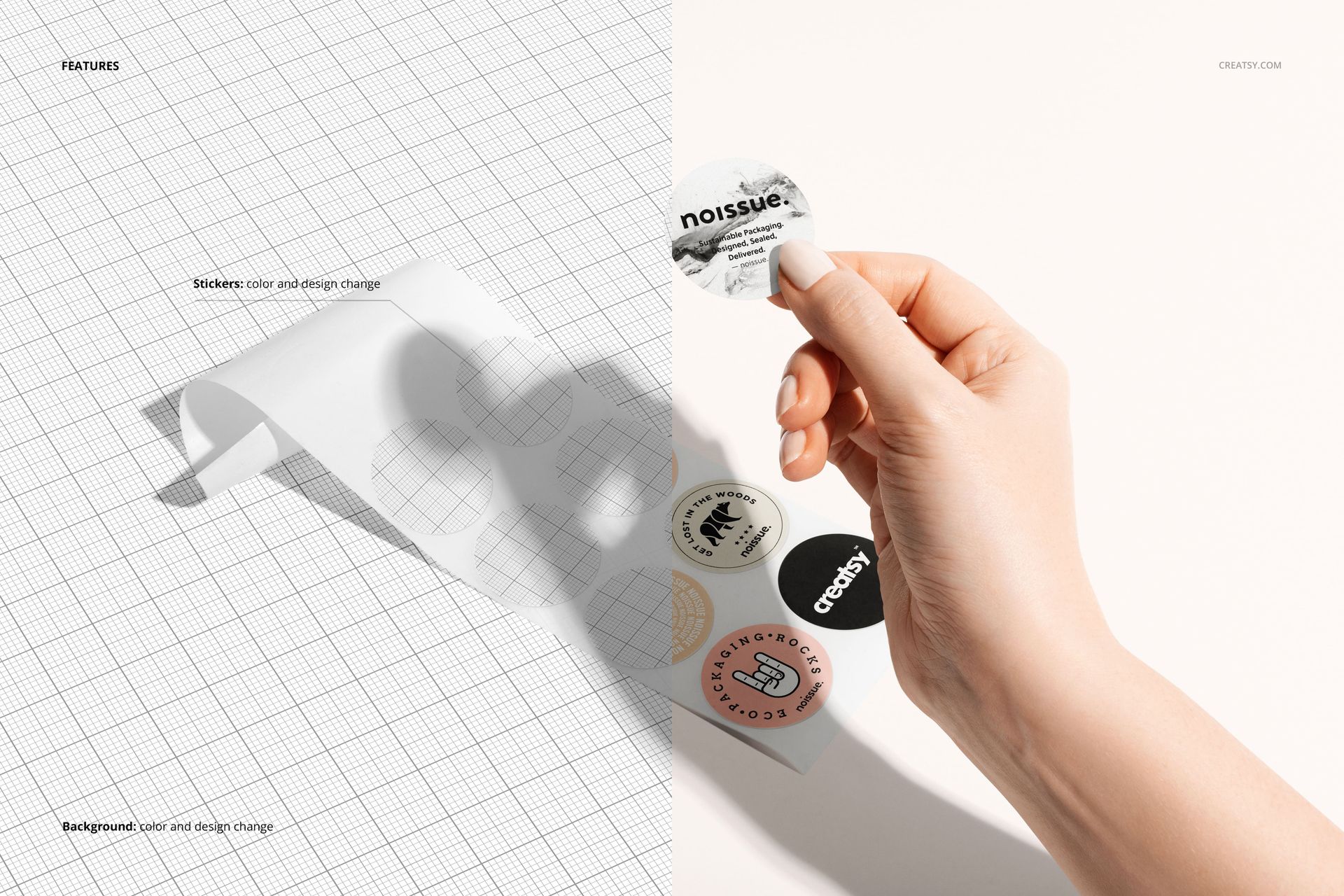 Round sticker PSD mockup featuring a hand holding a sticker, assorted circle stickers, and a grid-patterned label sheet.