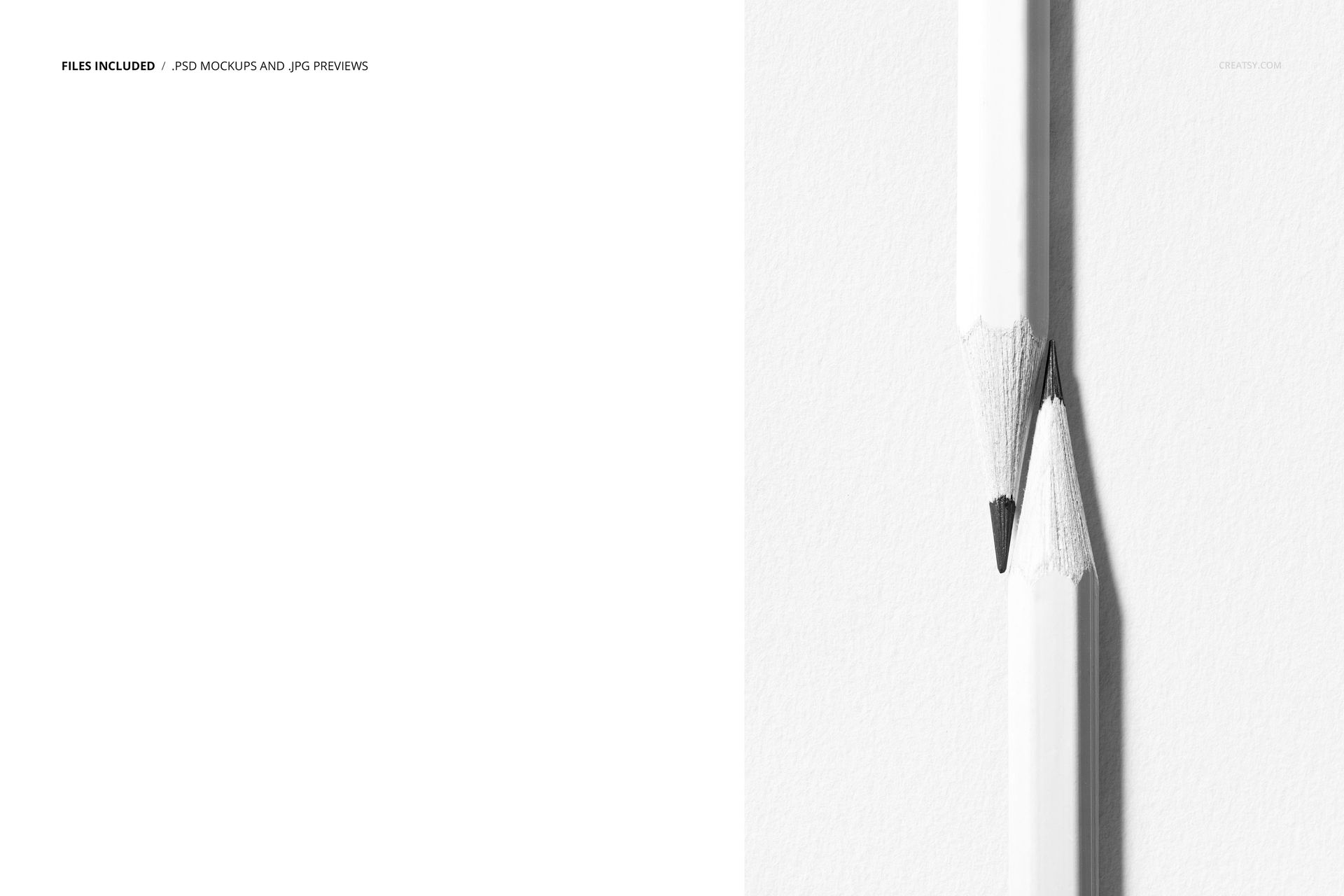 Vertical arrangement of two sharpened white pencils on a white background, shown in a stationery PSD mockup.
