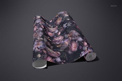 PSD mockup of a non-woven vinyl wallpaper roll with detailed botanical design, presented on a gray tabletop.