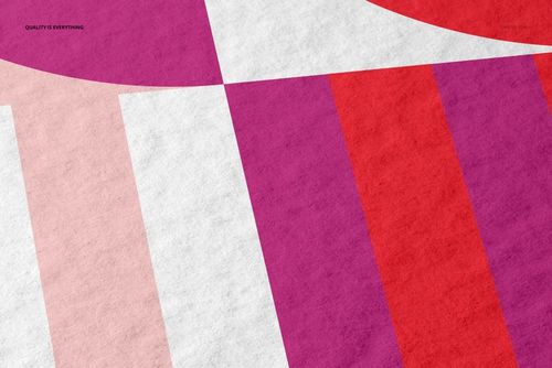 Close-up of a Hahnemühle Torchon fine art print mockup featuring bold geometric shapes in pink, red, and white.