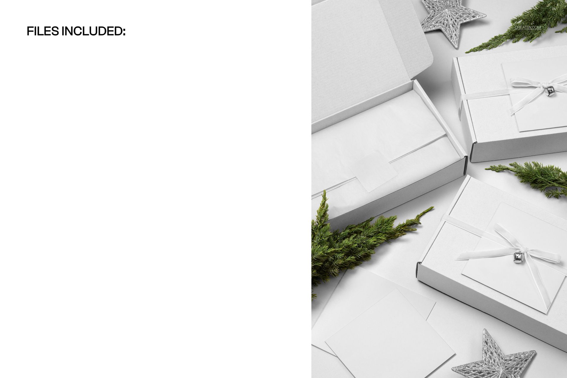 Christmas-themed mockup featuring white mailing boxes with cards and velvet ribbons, arranged with festive greenery and star decorations.