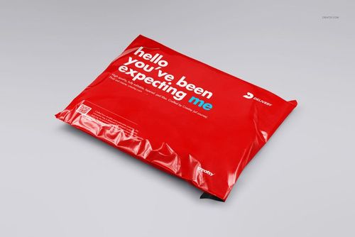 Poly mailer mockup featuring a glossy red surface and bold white lettering, displayed on a neutral backdrop.