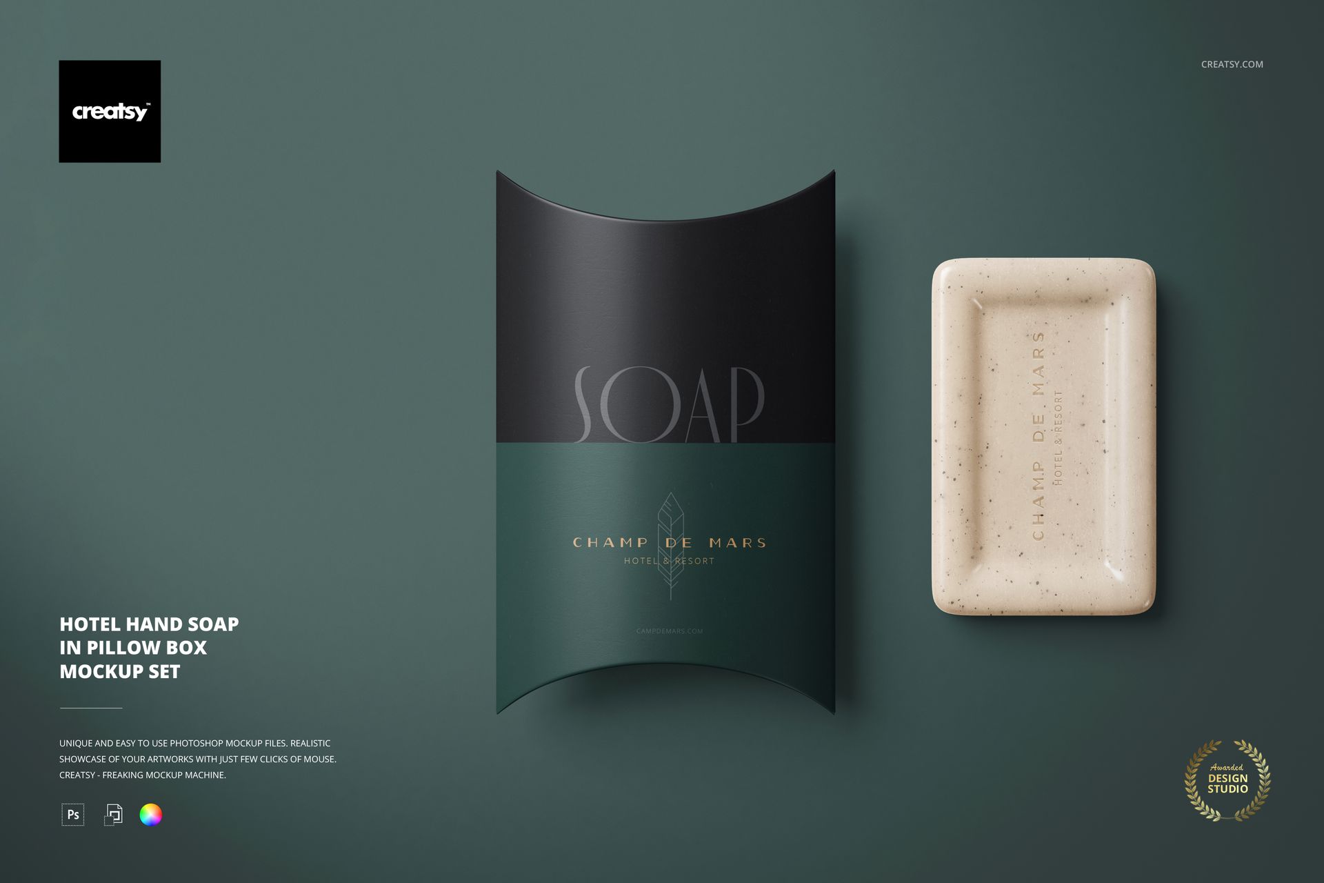 PSD mockup featuring a beige hotel soap bar and a dark pillow box, arranged neatly on a minimalist green backdrop.