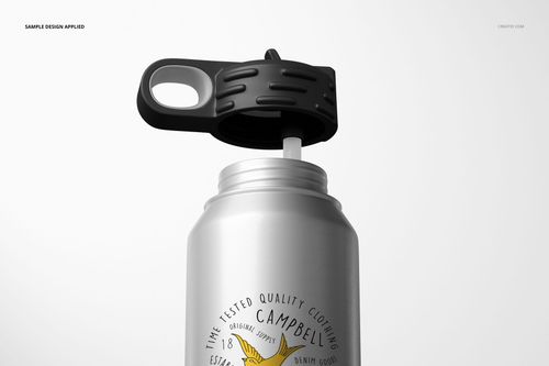 Front view of a silver stainless steel water bottle mockup with a black lid and visible custom artwork on the surface.