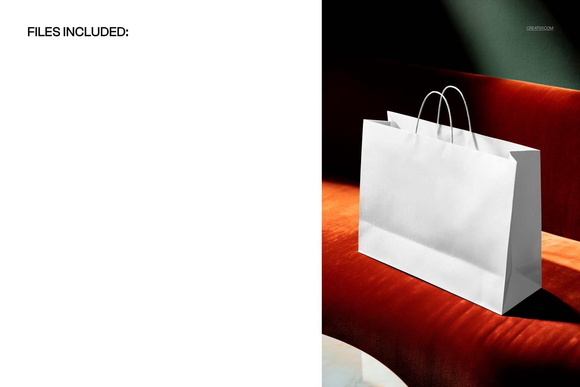 PSD mockup showing a plain white shopping bag placed on a luxurious orange velvet sofa, side perspective.