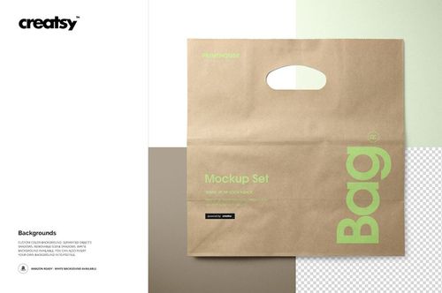 Die cut kraft paper bag mockup displayed flat, featuring a cutout handle and green text on a color-blocked backdrop.