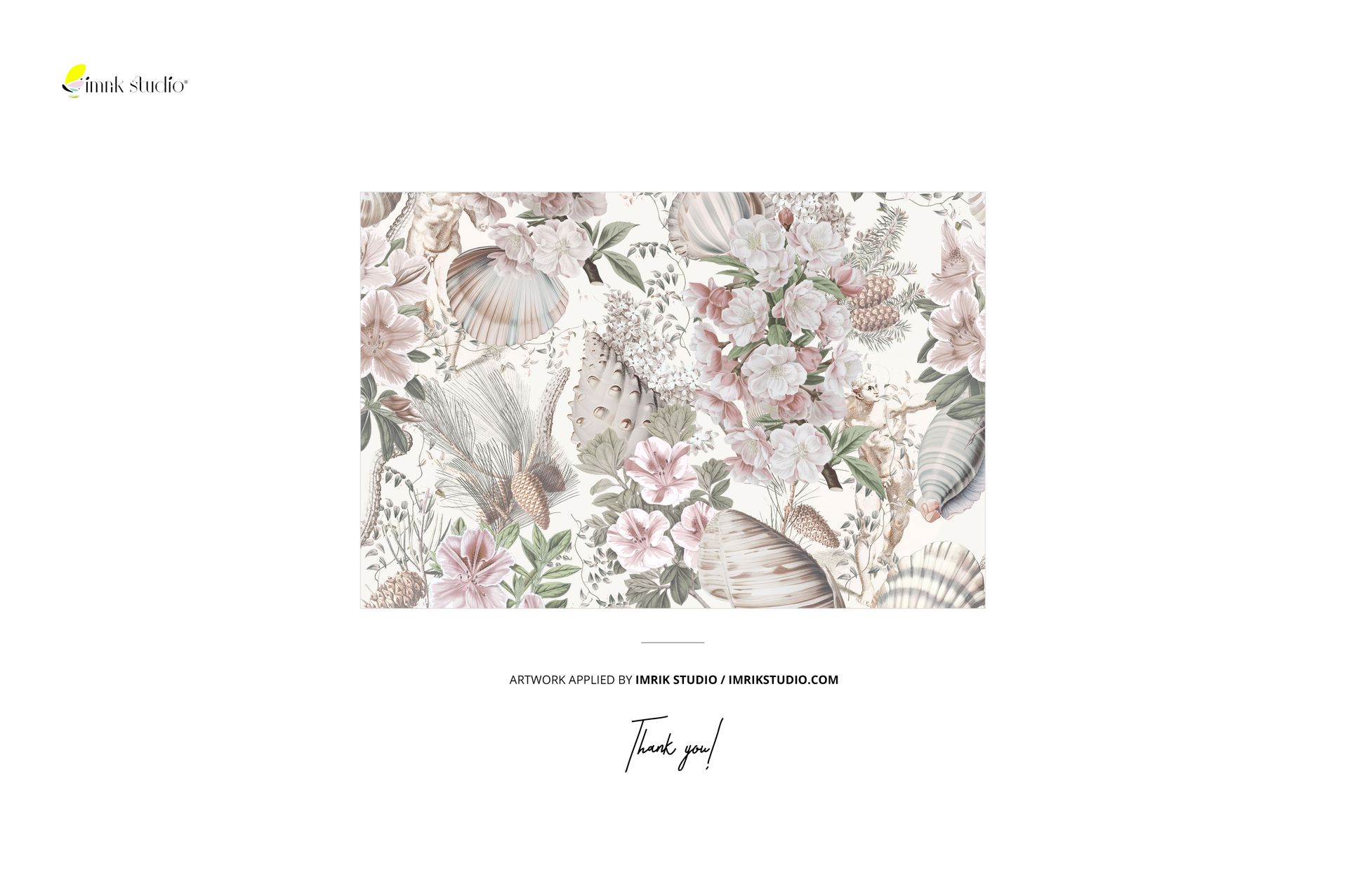 Front view of a wallpaper mockup featuring a delicate Christmas scene with soft pastel flowers and foliage patterns.