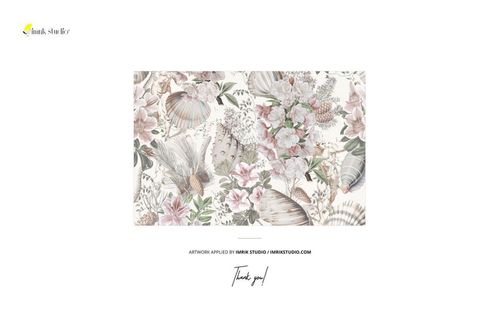 Front view of a wallpaper mockup featuring a delicate Christmas scene with soft pastel flowers and foliage patterns.