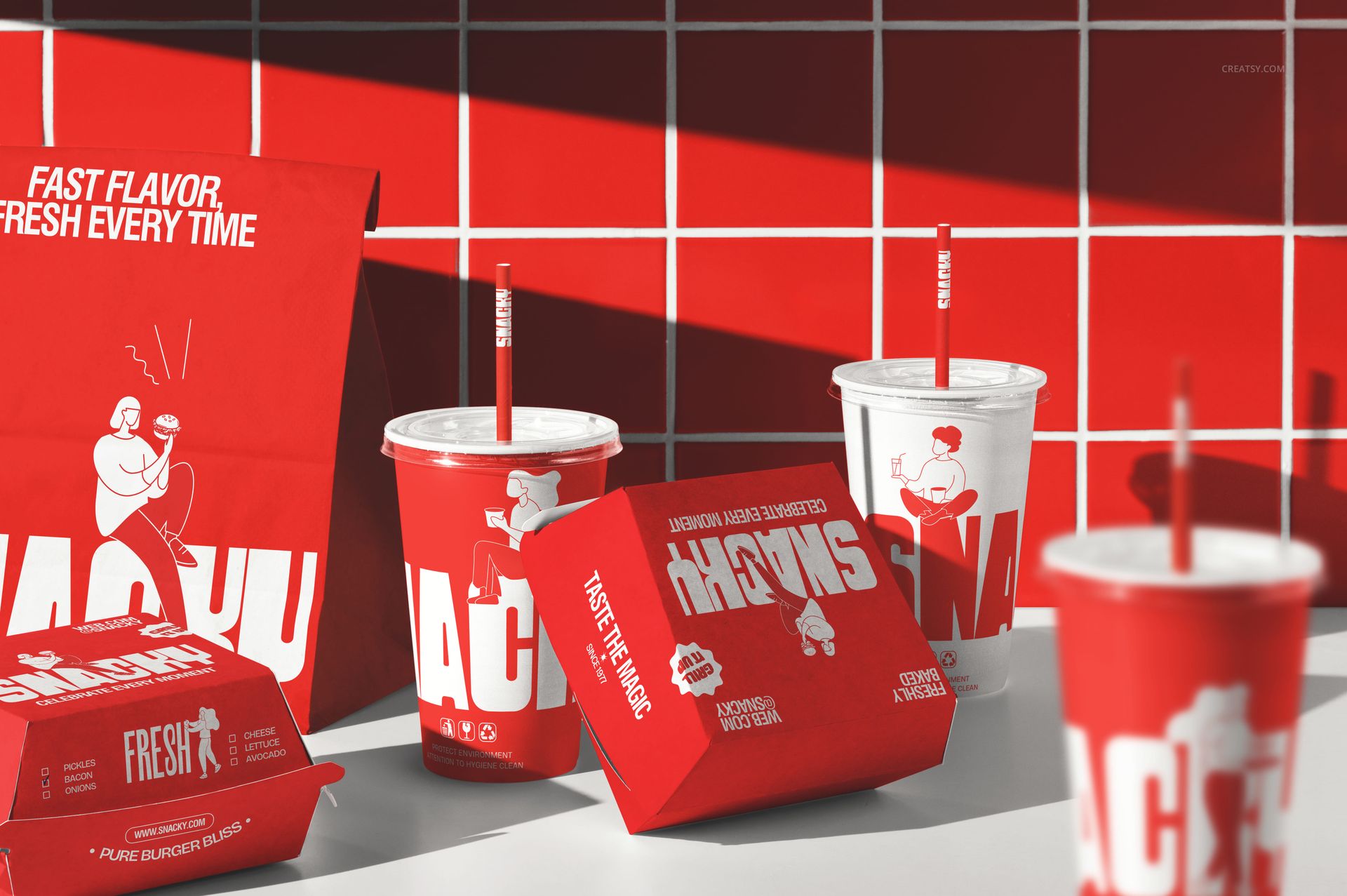 Red and white branded fast food packaging mockup featuring burger boxes, cups, and takeout bags in front view.