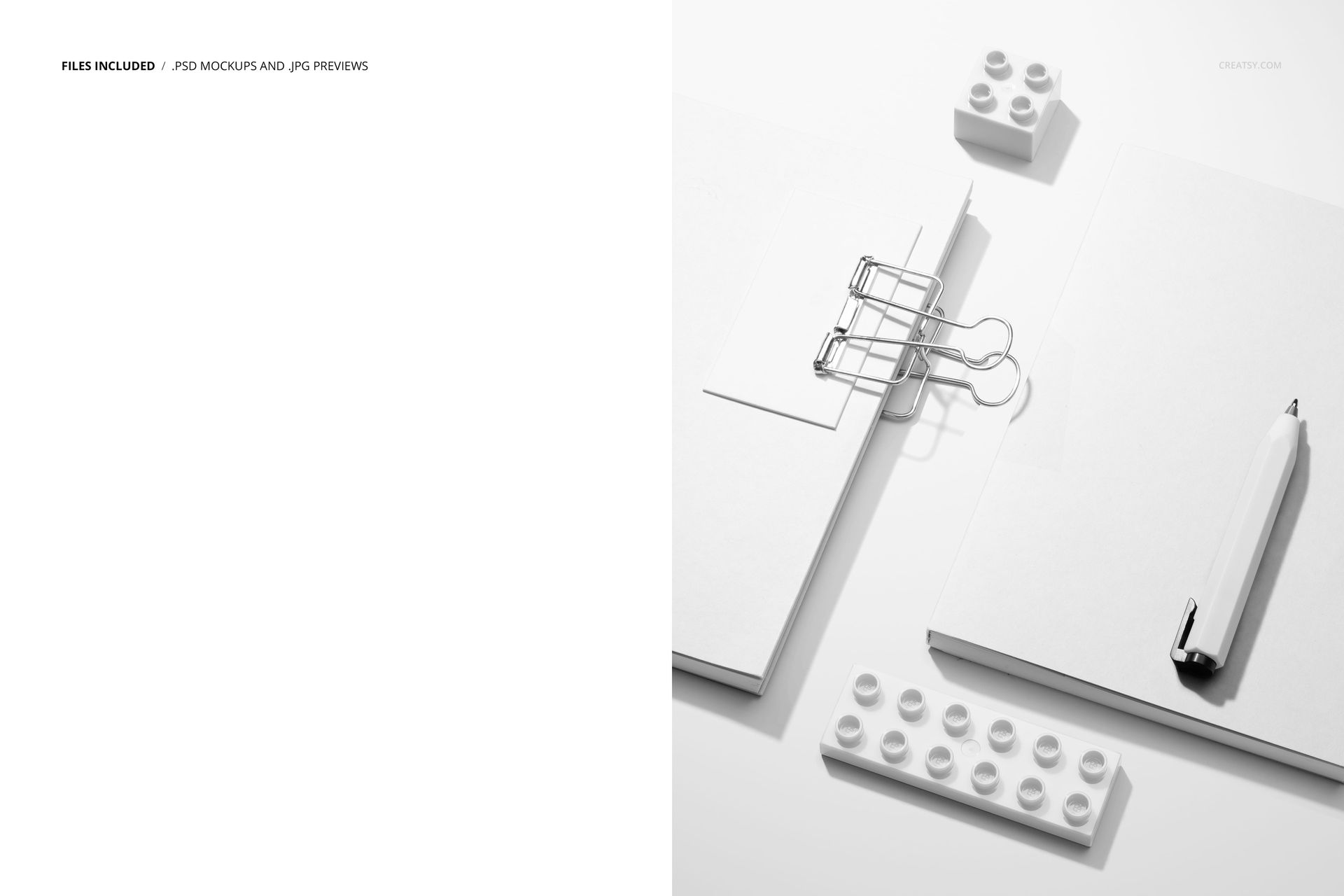 Stationery PSD mockup featuring a planner, loose papers, pen, and Lego-style plastic blocks in a clean layout.