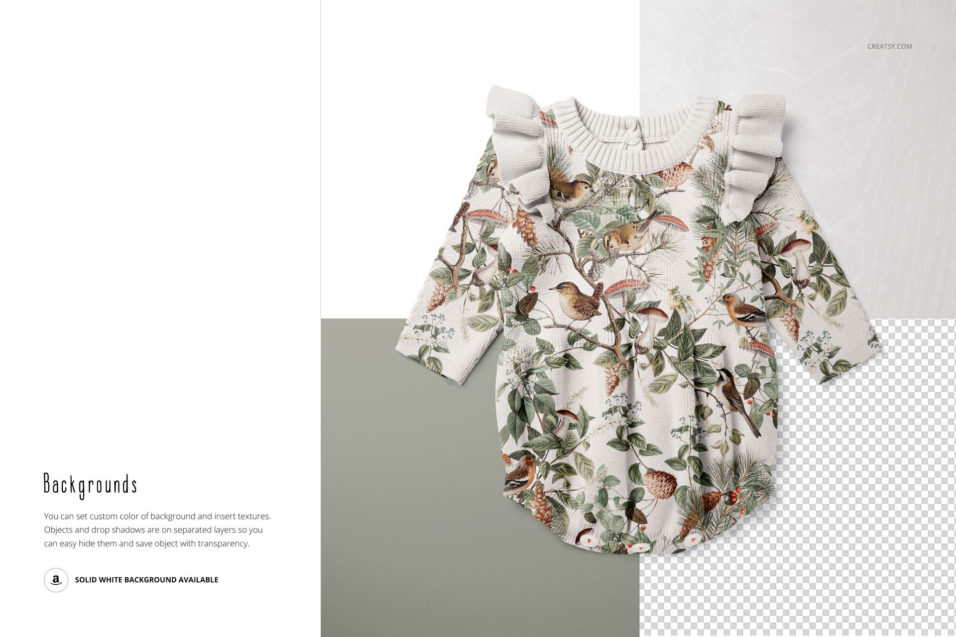 Knitted baby romper mockup with ruffled shoulders, decorated with birds and leaves, displayed on a split background.