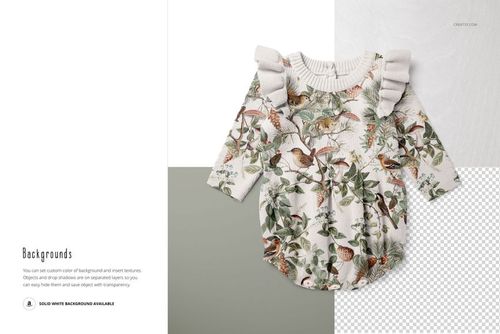 Knitted baby romper mockup with ruffled shoulders, decorated with birds and leaves, displayed on a split background.