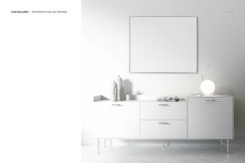 Modern interior scene featuring a white sideboard, decorative objects, and a blank wallpaper mockup on the wall.