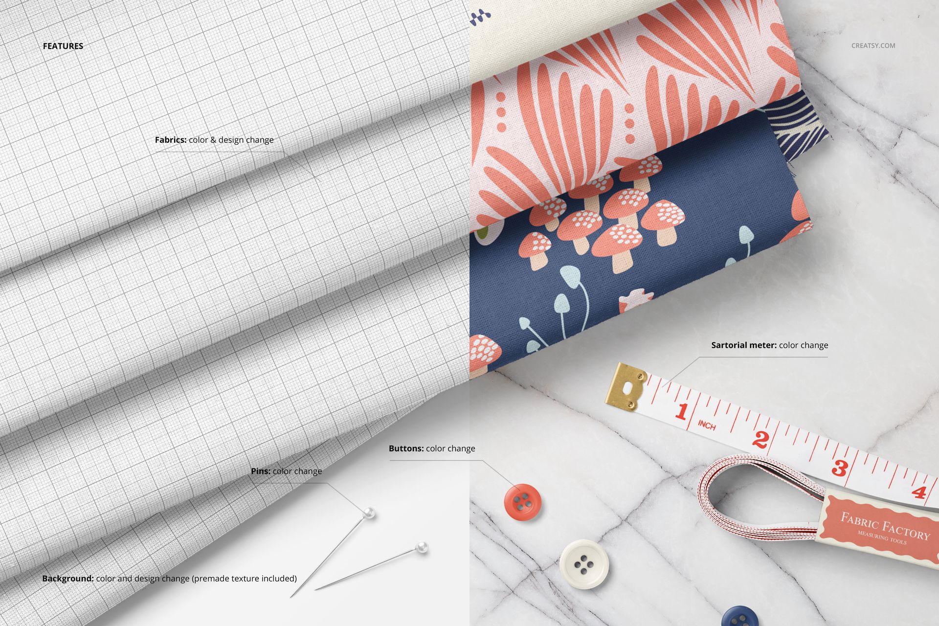 Cotton fabric mockup featuring stacked textiles in different designs, accompanied by a measuring tape and sewing tools.