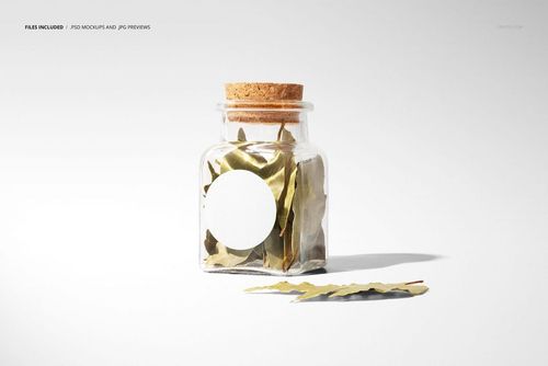 Bay leaf jar mockup with cork lid and empty white label, displayed on a plain white surface with shadow.