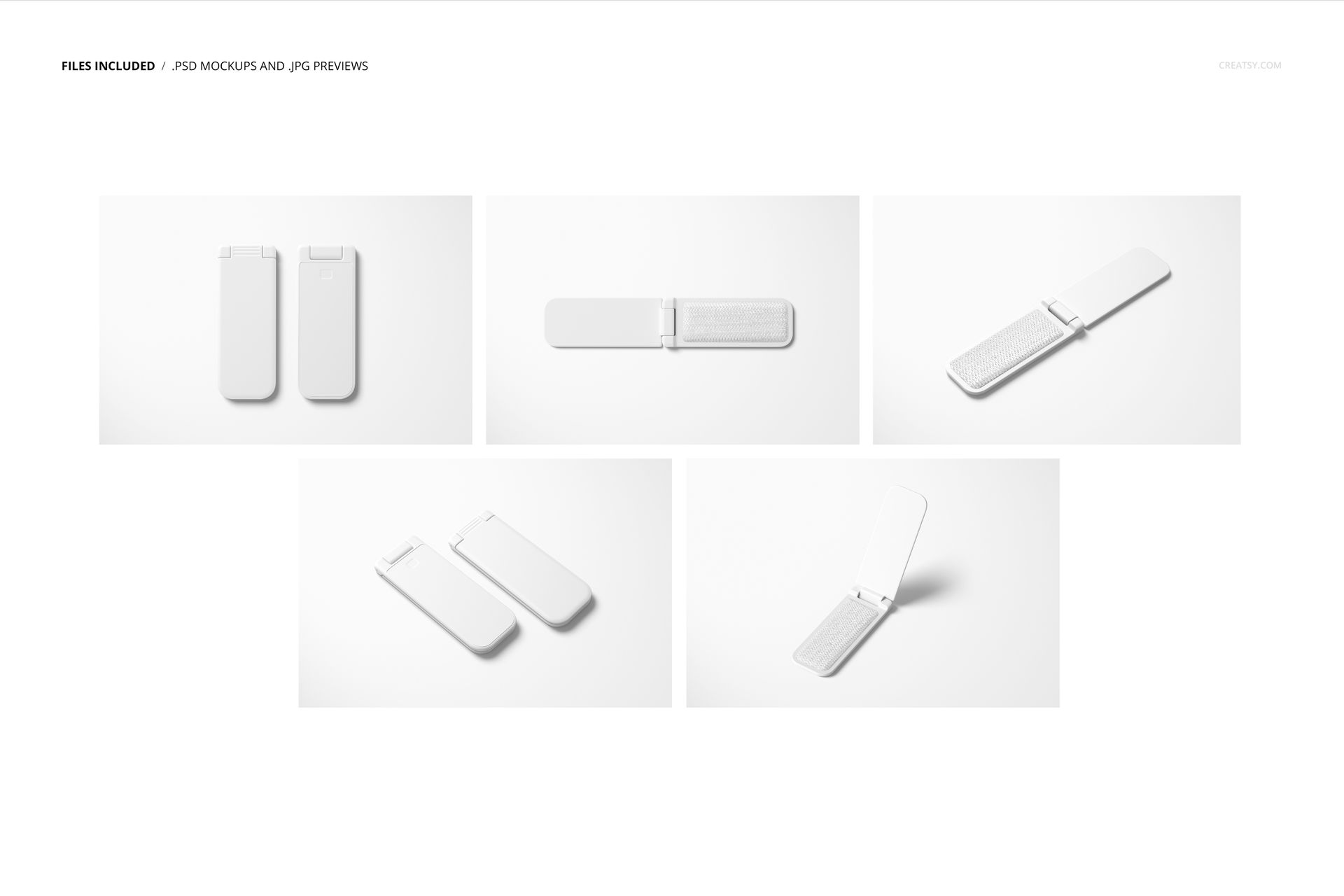 Folding lint brush with shoe horn shown in various open and closed positions on a white background, PSD mockup set.