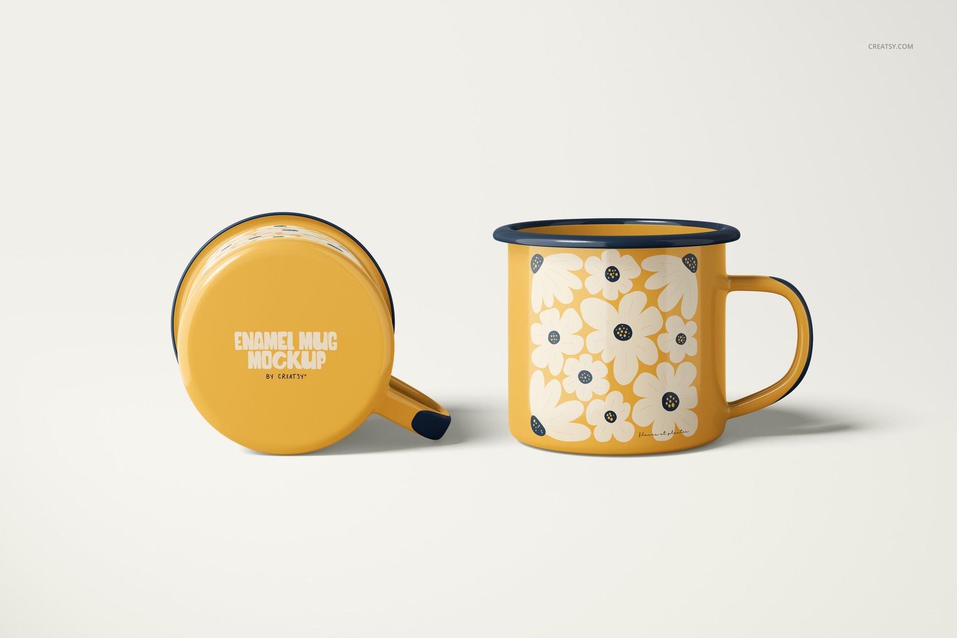360ml enamel mug PSD mockup set displaying floral design, side and bottom views against a neutral backdrop.