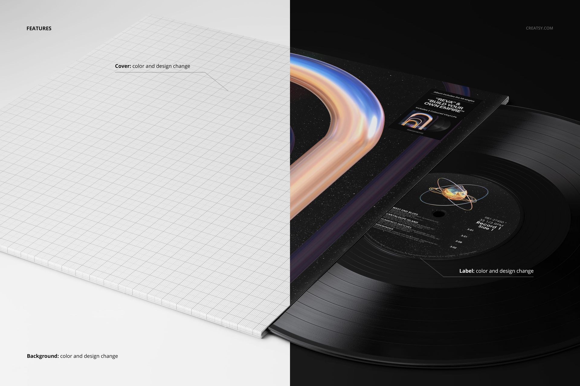 Vinyl record mockup displayed at an angle with half the cover in a grid pattern and half with a vibrant design.