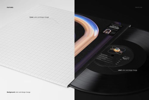 Vinyl record mockup displayed at an angle with half the cover in a grid pattern and half with a vibrant design.
