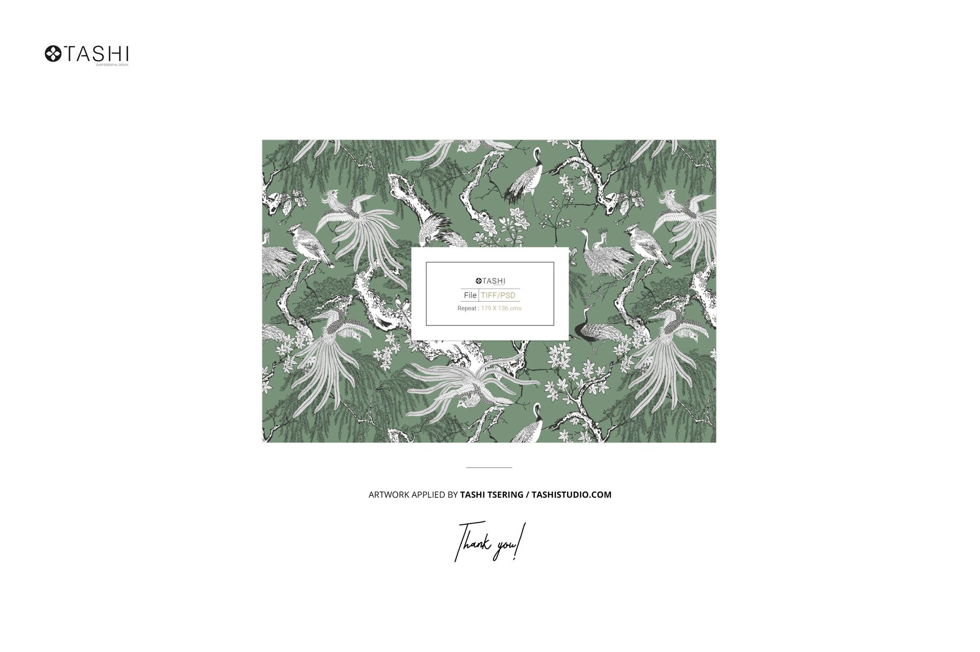 Japandi style living room mockup featuring a rectangular wall art with green and white bird and floral patterns, front view.