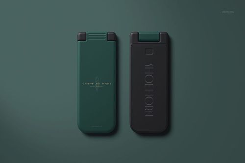 Front view of two folding lint brush and shoe horn mockups, one in matte green and one in matte black, side by side.