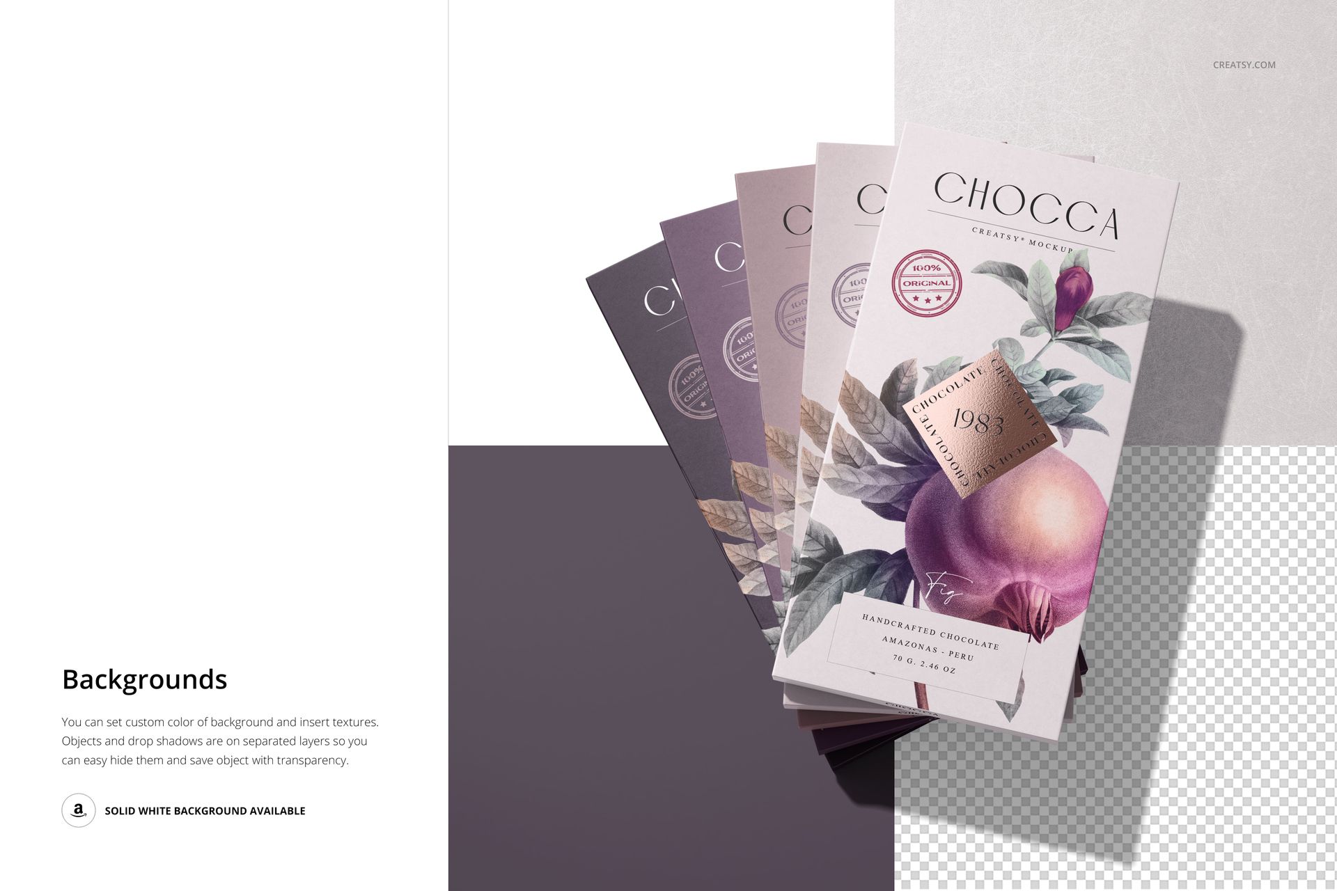 Stack of chocolate bar packaging mockups in various muted purple and beige tones, shown from a top angle on a split background.